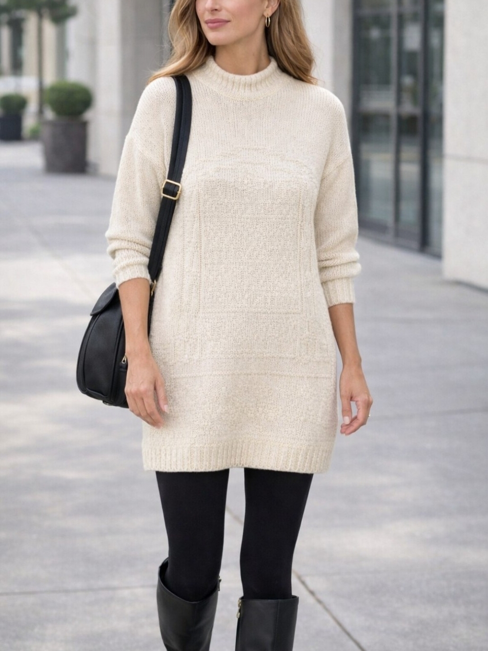 Hunt Club Sweater Womens XL Ivory Tunic 100% Cotton Mock Neck Knit USA